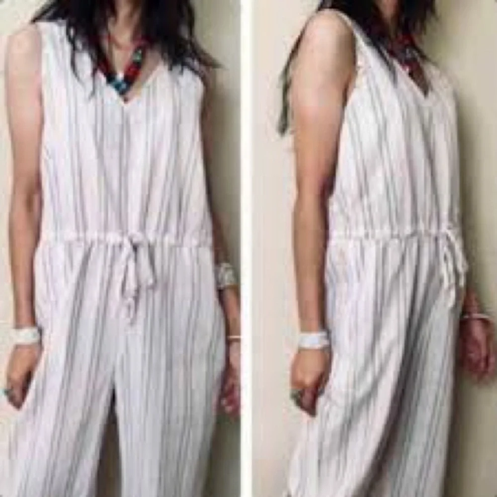 DREW Beige Striped Sleeveless Jumpsuit w/Pockets